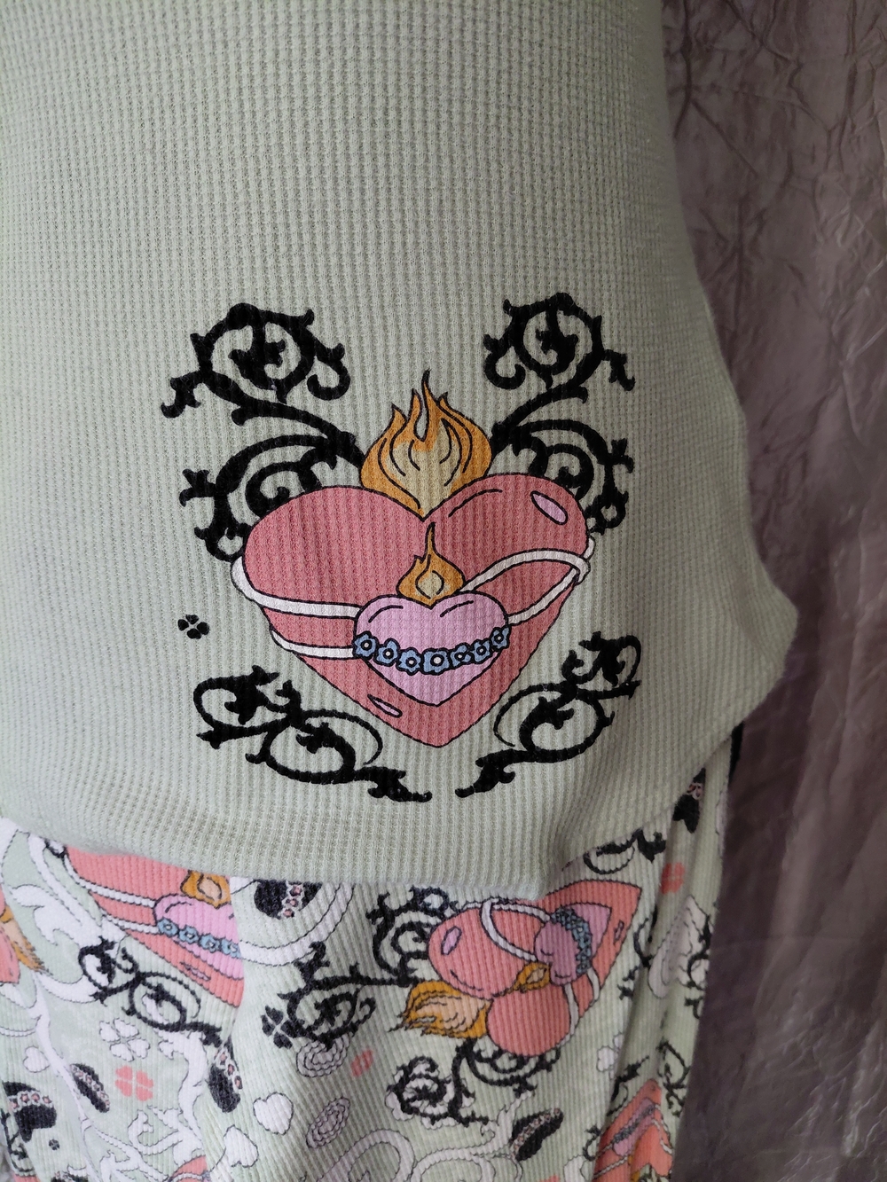 Pj Couture Mint Green Ribbed Henley Top with Pink Floral Heart Print Pajama Set - Picture 3 of 12